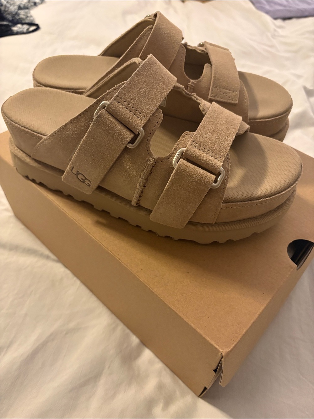 UGG Suede Double-Buckle Platform Slide in Tan- Size 8.5